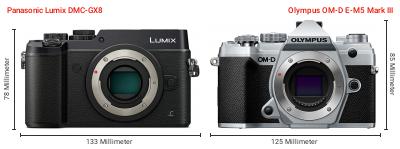 Größenvergleich: Panasonic Lumix DMC-GX8 vs. OM System OM-D E-M5 Mark III Größenvergleich: Panasonic Lumix DMC-GX8 vs. OM System OM-D E-M5 Mark III
