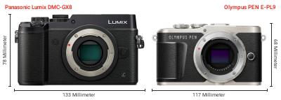Größenvergleich: Panasonic Lumix DMC-GX8 vs. OM System PEN E-PL9