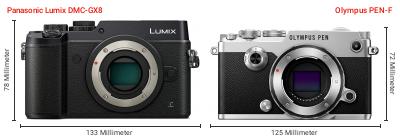 Größenvergleich: Panasonic Lumix DMC-GX8 vs. OM System PEN-F Größenvergleich: Panasonic Lumix DMC-GX8 vs. OM System PEN-F