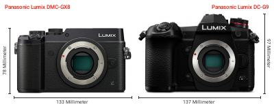 Größenvergleich: Panasonic Lumix DMC-GX8 vs. Panasonic Lumix DC-G9 Größenvergleich: Panasonic Lumix DMC-GX8 vs. Panasonic Lumix DC-G9