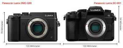 Größenvergleich: Panasonic Lumix DMC-GX8 vs. Panasonic Lumix DC-G91 Größenvergleich: Panasonic Lumix DMC-GX8 vs. Panasonic Lumix DC-G91