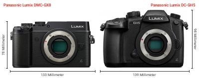 Größenvergleich: Panasonic Lumix DMC-GX8 vs. Panasonic Lumix DC-GH5 Größenvergleich: Panasonic Lumix DMC-GX8 vs. Panasonic Lumix DC-GH5