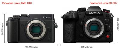 Größenvergleich: Panasonic Lumix DMC-GX8 vs. Panasonic Lumix DC-GH7 Größenvergleich: Panasonic Lumix DMC-GX8 vs. Panasonic Lumix DC-GH7