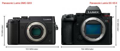 Größenvergleich: Panasonic Lumix DMC-GX8 vs. Panasonic Lumix DC-S5 II Größenvergleich: Panasonic Lumix DMC-GX8 vs. Panasonic Lumix DC-S5 II