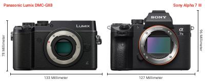 Größenvergleich: Panasonic Lumix DMC-GX8 vs. Sony Alpha 7 III