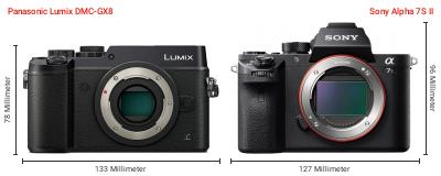 Größenvergleich: Panasonic Lumix DMC-GX8 vs. Sony Alpha 7S II Größenvergleich: Panasonic Lumix DMC-GX8 vs. Sony Alpha 7S II