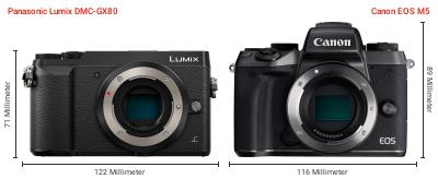 Größenvergleich: Panasonic Lumix DMC-GX80 vs. Canon EOS M5 Größenvergleich: Panasonic Lumix DMC-GX80 vs. Canon EOS M5