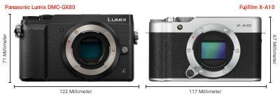 Größenvergleich: Panasonic Lumix DMC-GX80 vs. Fujifilm X-A10 Größenvergleich: Panasonic Lumix DMC-GX80 vs. Fujifilm X-A10