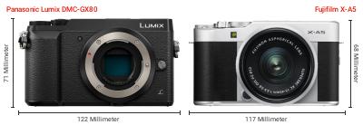 Größenvergleich: Panasonic Lumix DMC-GX80 vs. Fujifilm X-A5 Größenvergleich: Panasonic Lumix DMC-GX80 vs. Fujifilm X-A5
