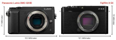 Größenvergleich: Panasonic Lumix DMC-GX80 vs. Fujifilm X-E4 Größenvergleich: Panasonic Lumix DMC-GX80 vs. Fujifilm X-E4