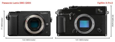 Größenvergleich: Panasonic Lumix DMC-GX80 vs. Fujifilm X-Pro3 Größenvergleich: Panasonic Lumix DMC-GX80 vs. Fujifilm X-Pro3
