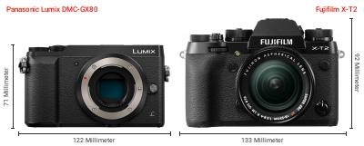 Größenvergleich: Panasonic Lumix DMC-GX80 vs. Fujifilm X-T2 Größenvergleich: Panasonic Lumix DMC-GX80 vs. Fujifilm X-T2