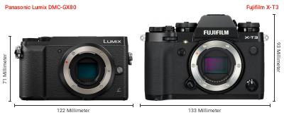 Größenvergleich: Panasonic Lumix DMC-GX80 vs. Fujifilm X-T3 Größenvergleich: Panasonic Lumix DMC-GX80 vs. Fujifilm X-T3