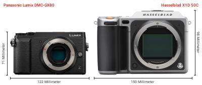 Größenvergleich: Panasonic Lumix DMC-GX80 vs. Hasselblad X1D 50C Größenvergleich: Panasonic Lumix DMC-GX80 vs. Hasselblad X1D 50C