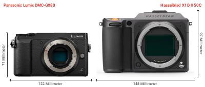 Größenvergleich: Panasonic Lumix DMC-GX80 vs. Hasselblad X1D II 50C