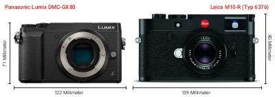 Größenvergleich: Panasonic Lumix DMC-GX80 vs. Leica M10-R (Typ 6376) Größenvergleich: Panasonic Lumix DMC-GX80 vs. Leica M10-R (Typ 6376)
