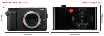 Größenvergleich: Panasonic Lumix DMC-GX80 vs. Leica TL2 (Typ 5370)