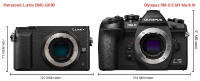 Größenvergleich: Panasonic Lumix DMC-GX80 vs. OM System OM-D E-M1 Mark III Größenvergleich: Panasonic Lumix DMC-GX80 vs. OM System OM-D E-M1 Mark III