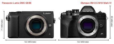 Größenvergleich: Panasonic Lumix DMC-GX80 vs. OM System OM-D E-M10 Mark IV Größenvergleich: Panasonic Lumix DMC-GX80 vs. OM System OM-D E-M10 Mark IV