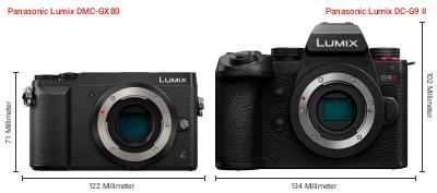 Größenvergleich: Panasonic Lumix DMC-GX80 vs. Panasonic Lumix DC-G9 II Größenvergleich: Panasonic Lumix DMC-GX80 vs. Panasonic Lumix DC-G9 II