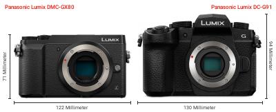 Größenvergleich: Panasonic Lumix DMC-GX80 vs. Panasonic Lumix DC-G91 Größenvergleich: Panasonic Lumix DMC-GX80 vs. Panasonic Lumix DC-G91