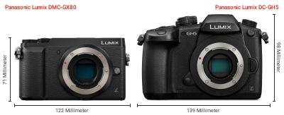 Größenvergleich: Panasonic Lumix DMC-GX80 vs. Panasonic Lumix DC-GH5 Größenvergleich: Panasonic Lumix DMC-GX80 vs. Panasonic Lumix DC-GH5