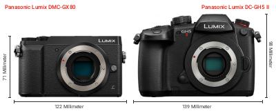 Größenvergleich: Panasonic Lumix DMC-GX80 vs. Panasonic Lumix DC-GH5 II Größenvergleich: Panasonic Lumix DMC-GX80 vs. Panasonic Lumix DC-GH5 II