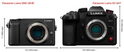 Größenvergleich: Panasonic Lumix DMC-GX80 vs. Panasonic Lumix DC-GH7 Größenvergleich: Panasonic Lumix DMC-GX80 vs. Panasonic Lumix DC-GH7