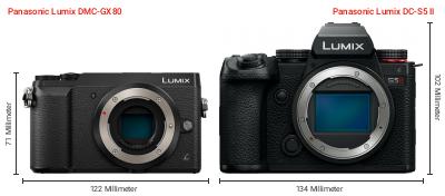 Größenvergleich: Panasonic Lumix DMC-GX80 vs. Panasonic Lumix DC-S5 II Größenvergleich: Panasonic Lumix DMC-GX80 vs. Panasonic Lumix DC-S5 II