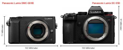 Größenvergleich: Panasonic Lumix DMC-GX80 vs. Panasonic Lumix DC-S5D Größenvergleich: Panasonic Lumix DMC-GX80 vs. Panasonic Lumix DC-S5D