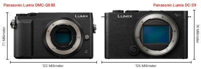 Größenvergleich: Panasonic Lumix DMC-GX80 vs. Panasonic Lumix DC-S9 Größenvergleich: Panasonic Lumix DMC-GX80 vs. Panasonic Lumix DC-S9