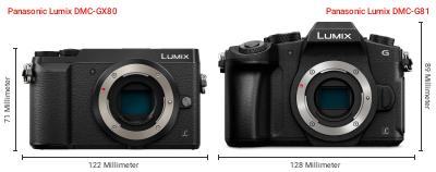 Größenvergleich: Panasonic Lumix DMC-GX80 vs. Panasonic Lumix DMC-G81 Größenvergleich: Panasonic Lumix DMC-GX80 vs. Panasonic Lumix DMC-G81