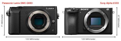 Größenvergleich: Panasonic Lumix DMC-GX80 vs. Sony Alpha 6500 Größenvergleich: Panasonic Lumix DMC-GX80 vs. Sony Alpha 6500
