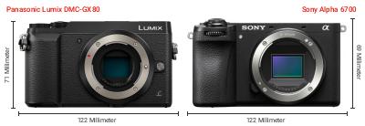 Größenvergleich: Panasonic Lumix DMC-GX80 vs. Sony Alpha 6700 Größenvergleich: Panasonic Lumix DMC-GX80 vs. Sony Alpha 6700
