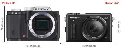 Größenvergleich: Pentax K-01 vs. Nikon 1 AW1 Größenvergleich: Pentax K-01 vs. Nikon 1 AW1