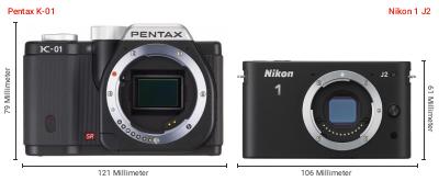 Größenvergleich: Pentax K-01 vs. Nikon 1 J2 Größenvergleich: Pentax K-01 vs. Nikon 1 J2