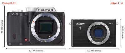 Größenvergleich: Pentax K-01 vs. Nikon 1 J4