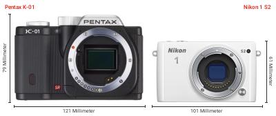 Größenvergleich: Pentax K-01 vs. Nikon 1 S2 Größenvergleich: Pentax K-01 vs. Nikon 1 S2