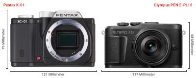 Größenvergleich: Pentax K-01 vs. OM System PEN E-PL10 Größenvergleich: Pentax K-01 vs. OM System PEN E-PL10