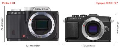 Größenvergleich: Pentax K-01 vs. OM System PEN E-PL7 Größenvergleich: Pentax K-01 vs. OM System PEN E-PL7