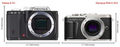 Größenvergleich: Pentax K-01 vs. OM System PEN E-PL9 Größenvergleich: Pentax K-01 vs. OM System PEN E-PL9
