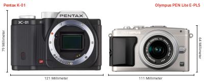 Größenvergleich: Pentax K-01 vs. OM System PEN Lite E-PL5 Größenvergleich: Pentax K-01 vs. OM System PEN Lite E-PL5
