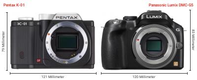 Größenvergleich: Pentax K-01 vs. Panasonic Lumix DMC-G5 Größenvergleich: Pentax K-01 vs. Panasonic Lumix DMC-G5
