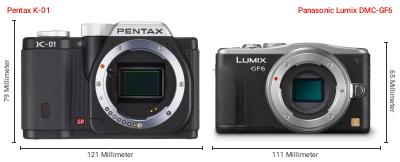 Größenvergleich: Pentax K-01 vs. Panasonic Lumix DMC-GF6 Größenvergleich: Pentax K-01 vs. Panasonic Lumix DMC-GF6