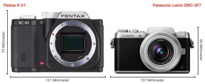 Größenvergleich: Pentax K-01 vs. Panasonic Lumix DMC-GF7 Größenvergleich: Pentax K-01 vs. Panasonic Lumix DMC-GF7