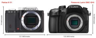 Größenvergleich: Pentax K-01 vs. Panasonic Lumix DMC-GH4 Größenvergleich: Pentax K-01 vs. Panasonic Lumix DMC-GH4