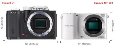 Größenvergleich: Pentax K-01 vs. Samsung NX1000 Größenvergleich: Pentax K-01 vs. Samsung NX1000