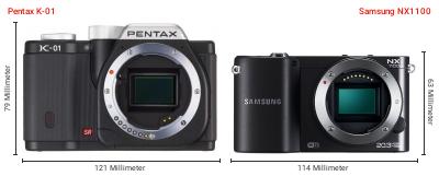 Größenvergleich: Pentax K-01 vs. Samsung NX1100 Größenvergleich: Pentax K-01 vs. Samsung NX1100