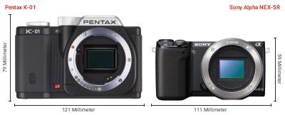 Größenvergleich: Pentax K-01 vs. Sony Alpha NEX-5R Größenvergleich: Pentax K-01 vs. Sony Alpha NEX-5R