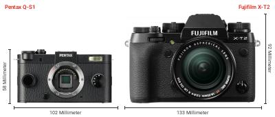 Größenvergleich: Pentax Q-S1 vs. Fujifilm X-T2 Größenvergleich: Pentax Q-S1 vs. Fujifilm X-T2